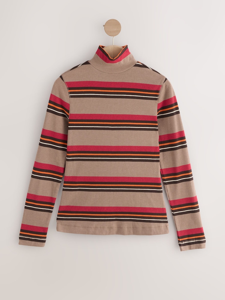 Mocha Brown Stripe Rib Roll Neck Long Sleeve Top - Image 1 of 3