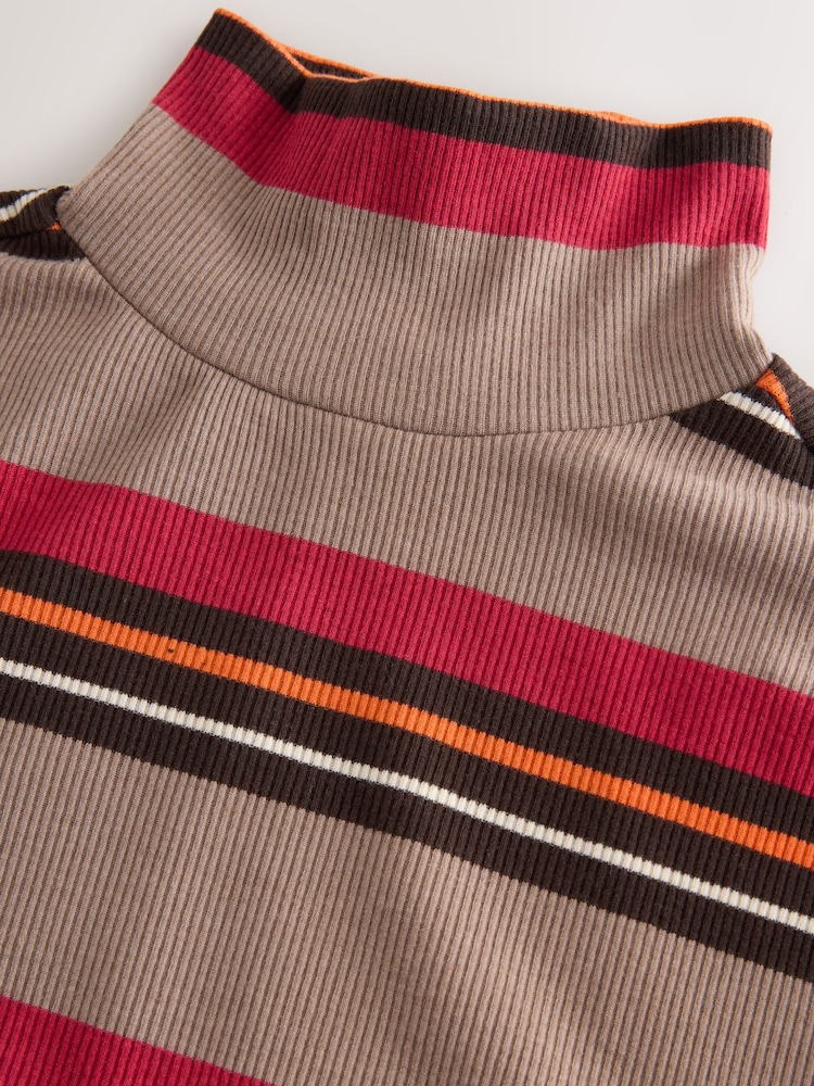 Mocha Brown Stripe Rib Roll Neck Long Sleeve Top - Image 2 of 3