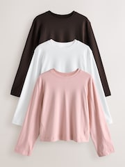 Pink/Cream/Brown Interlock Long Sleeve Crew Neck T-Shirts 3 Pack - Image 1 of 12