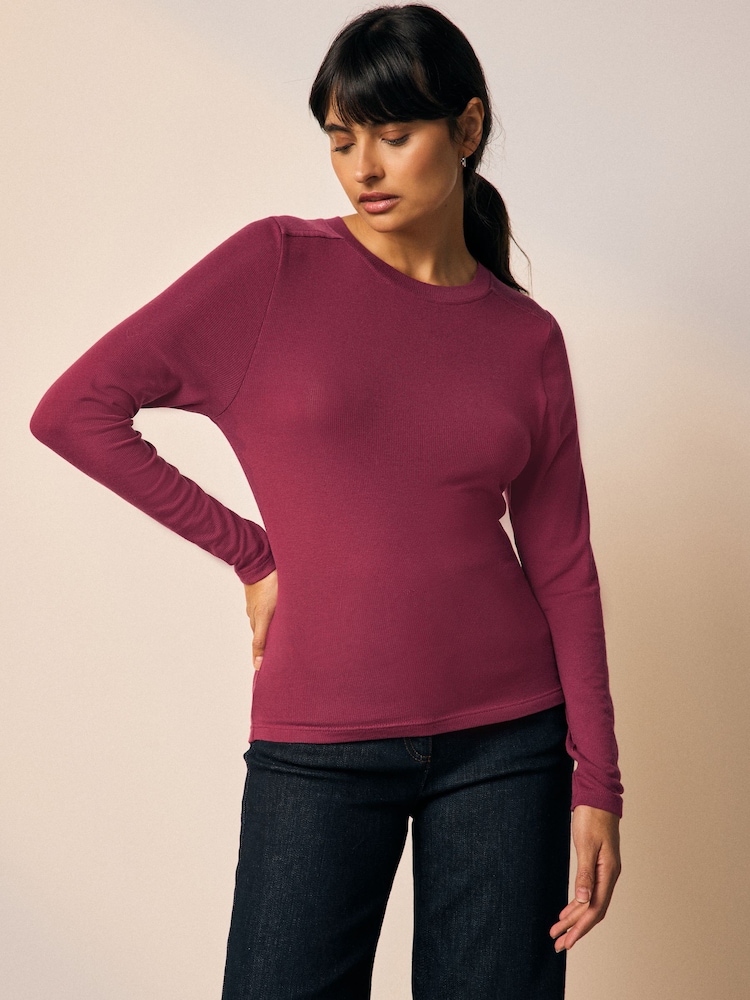 Vermelho cereja - Soft Touch Lightweight Ribbed Long Sleeve T-Shirt with TENCEL™ Lyocell - Imagem 1 de 9