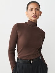 Chocolate Brown Ribbed Roll Neck Long Sleeve T-Shirt - Image 1 of 8