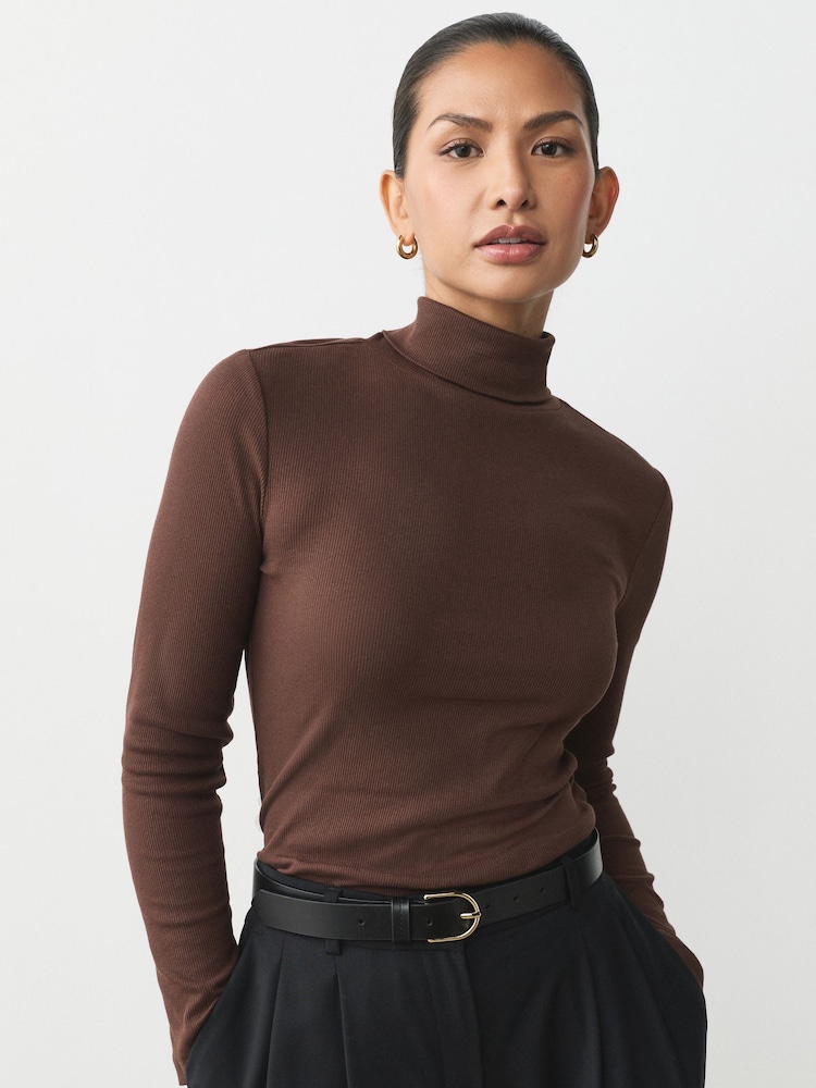 Chocolate Brown Ribbed Roll Neck Long Sleeve T-Shirt - Image 1 of 8