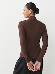 Chocolate Brown Ribbed Roll Neck Long Sleeve T-Shirt - Image 4 of 8