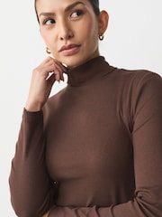 Chocolate Brown Ribbed Roll Neck Long Sleeve T-Shirt - Image 5 of 8