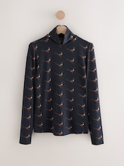 Navy Pheasant Printed High Neck Long Sleeve Top with TENCEL™ Lyocell - Image 1 of 3