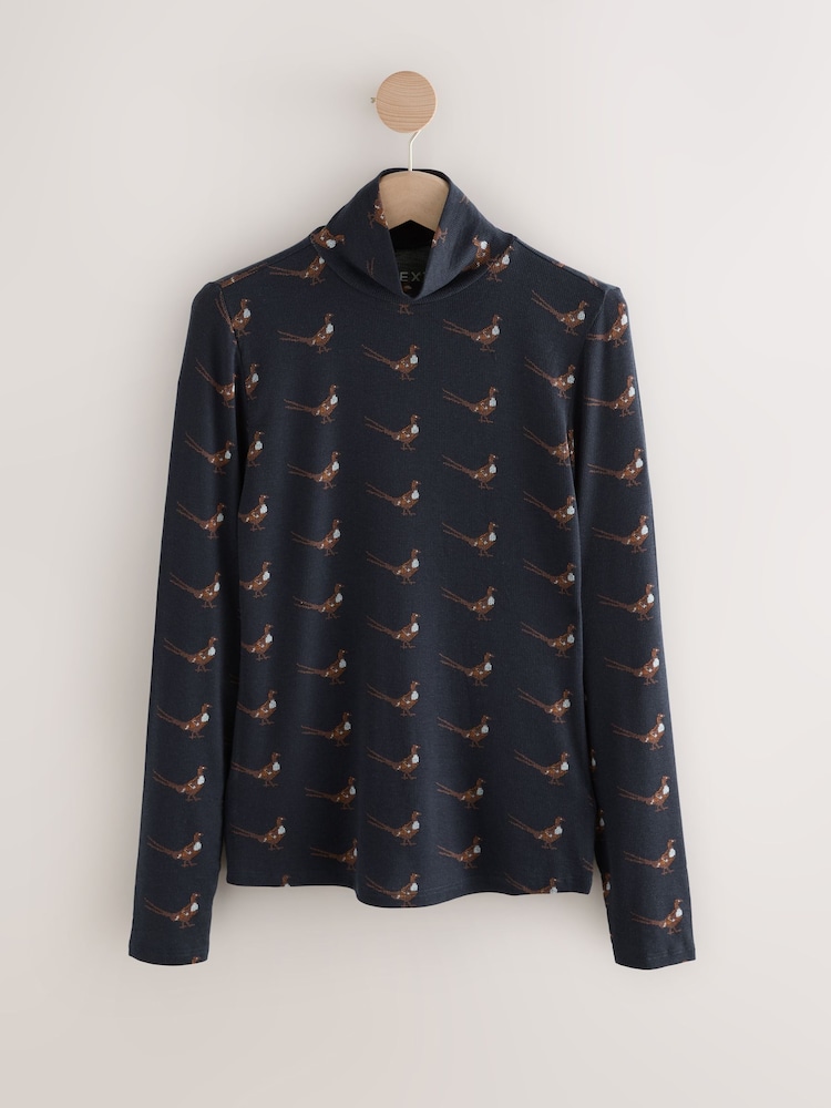 Navy Pheasant Printed High Neck Long Sleeve Top with TENCEL™ Lyocell - Image 1 of 3