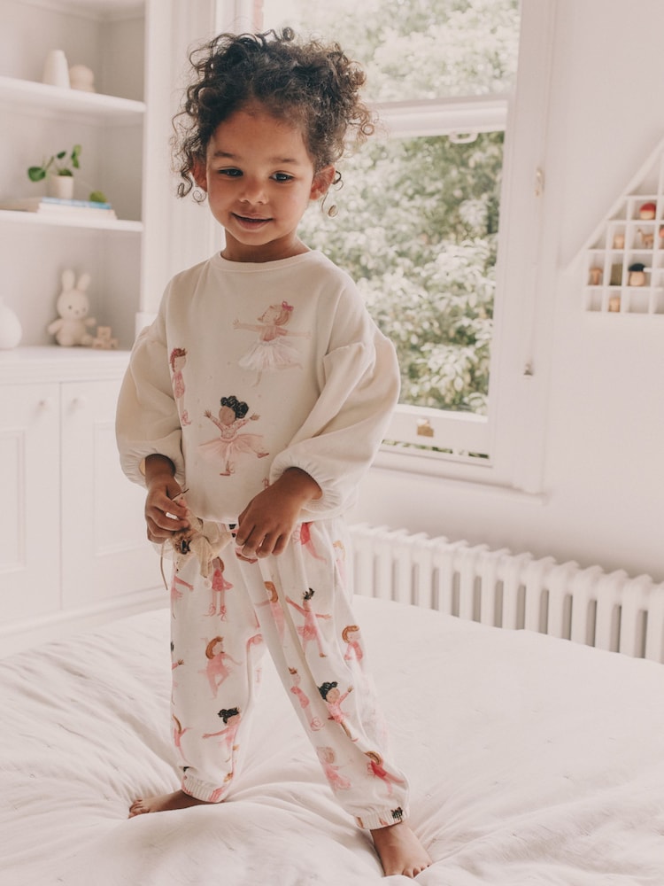 Ecru/Pink Ballerina Cosy Fleece Pyjamas (9mths-10yrs) - Image 1 of 9