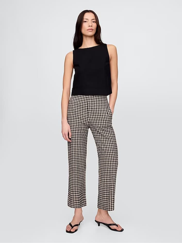 Gap Black & Off White Gingham Straight Leg Heavyweight Linen-Blend Trousers - Image 1 of 11