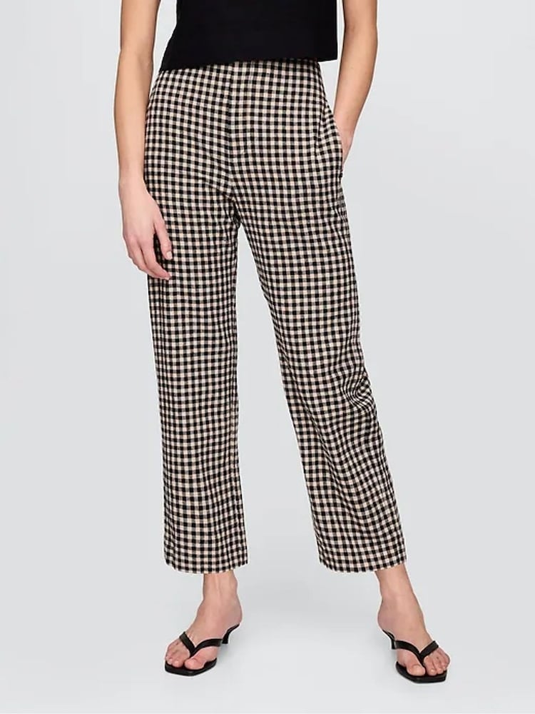 Gap Black & Off White Gingham Straight Leg Heavyweight Linen-Blend Trousers - Image 2 of 11