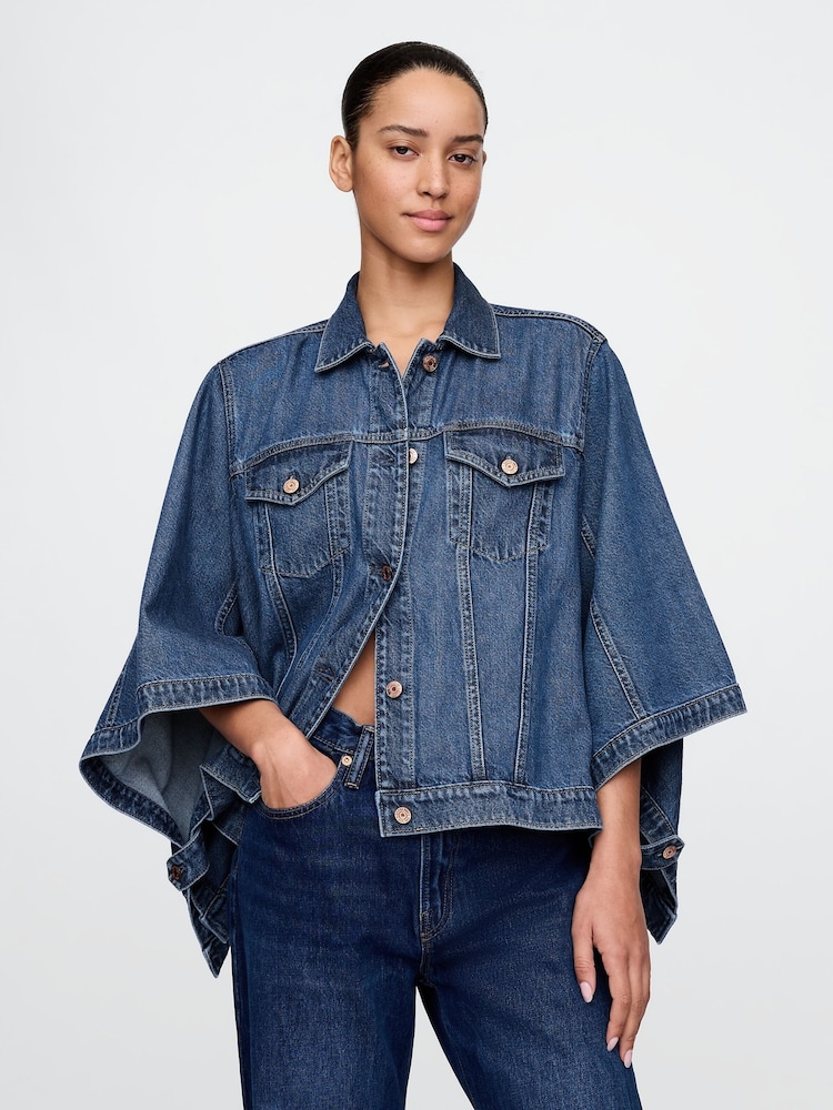 Gap Dark Indigo Blue UltraSoft Denim Cape Jacket - Image 1 of 5 Gap Dark Indigo Blue UltraSoft Denim Cape Jacket - Image 1 of 5