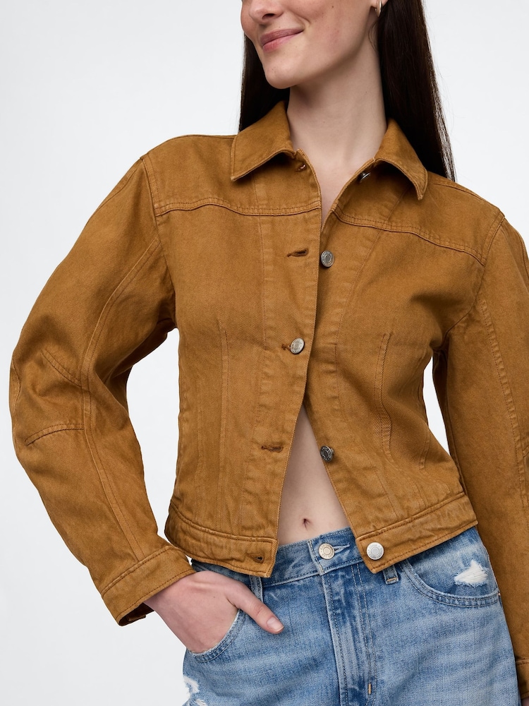 Коричневый - Gap UltraSoft Cotton Barrel-Sleeve Cropped Jacket - Image 4 of 4