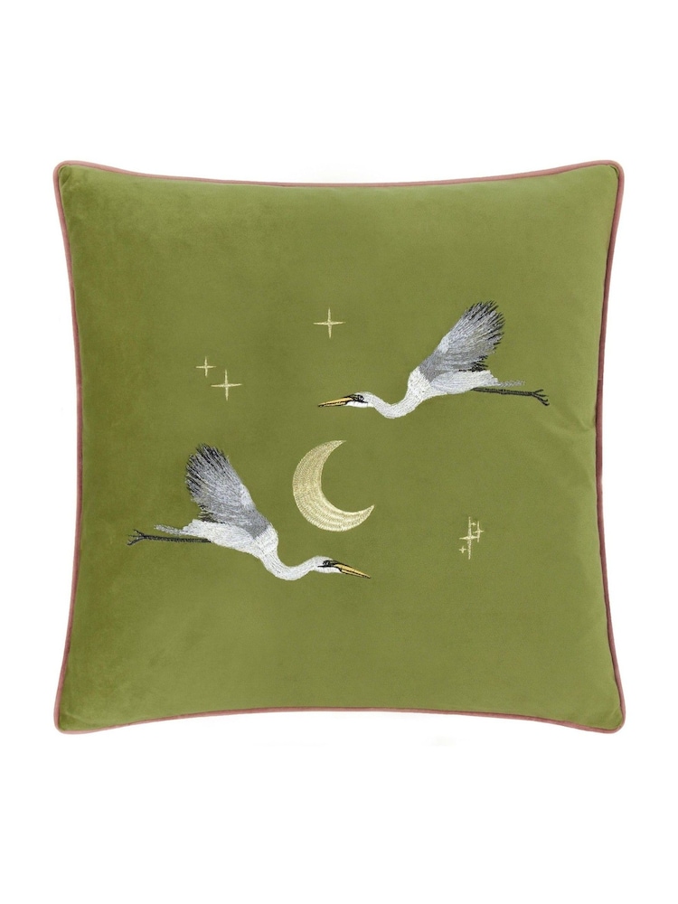 Paoletti Olive Moonlit Flight Embroidered Feather Cushion - Image 1 of 4