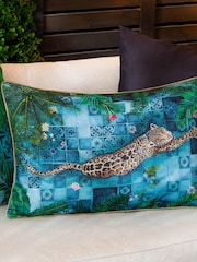Paoletti Azure Majorelle Leopard Print Outdoor Piped Outdoor Cushion - Image 1 of 6