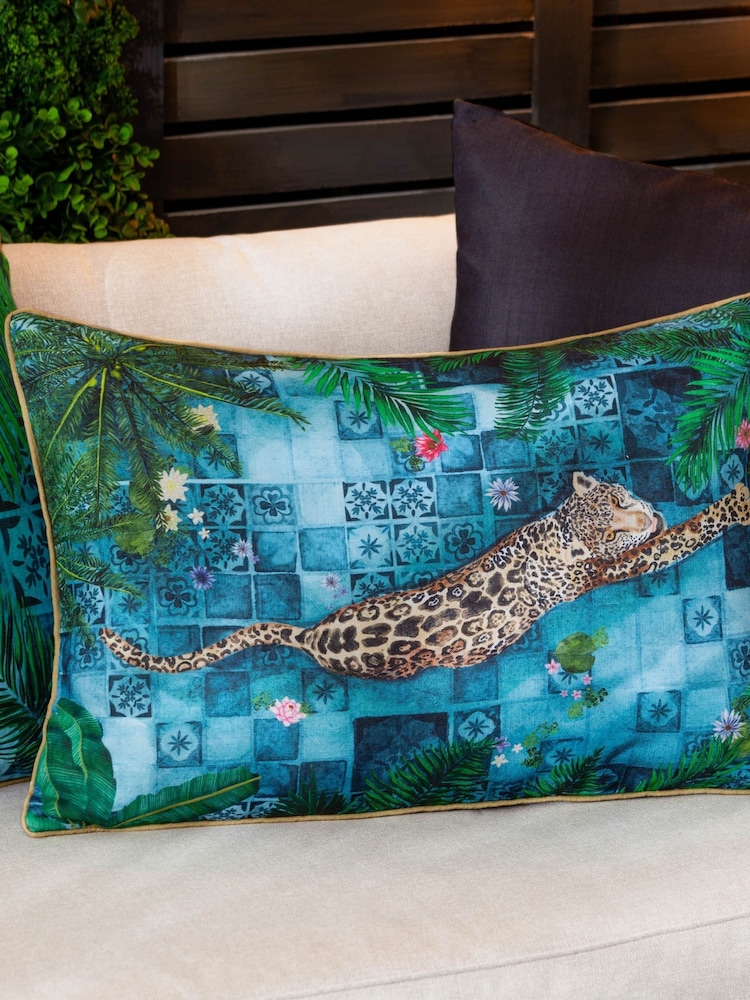 Paoletti Azure Majorelle Leopard Print Outdoor Piped Outdoor Cushion - Image 1 of 6