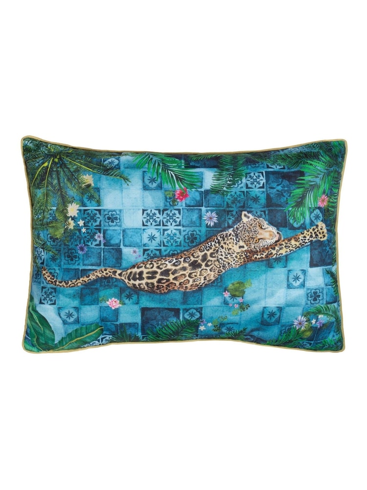 Paoletti Azure Majorelle Leopard Print Outdoor Piped Outdoor Cushion - Image 2 of 6