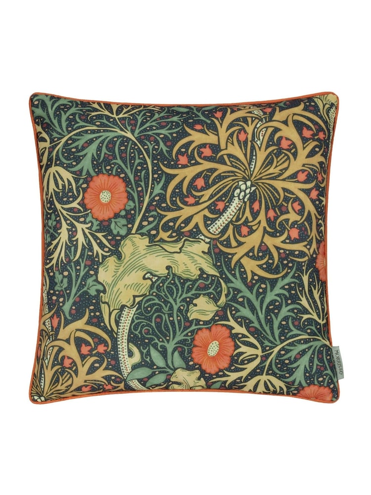 Morris & Co Indigo Seaweed Printed Piped Outdoor Cushion - Image 1 of 3