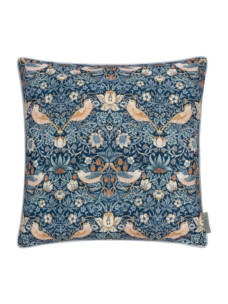 Morris & Co. Indigo Strawberry Thief Piped Outdoor Cushion - Image 1 of 4 Morris & Co. Indigo Strawberry Thief Piped Outdoor Cushion - Image 1 of 4