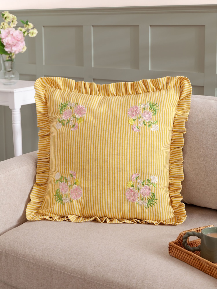 Wylder Yellow Martha Embroidered Ruffle Feather Rich Cushion - Image 1 of 6
