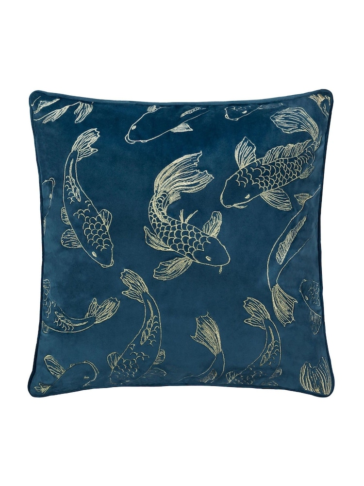 Paoletti Navy Koi Pond Velvet Polyester Filled Cushion - Image 2 of 6