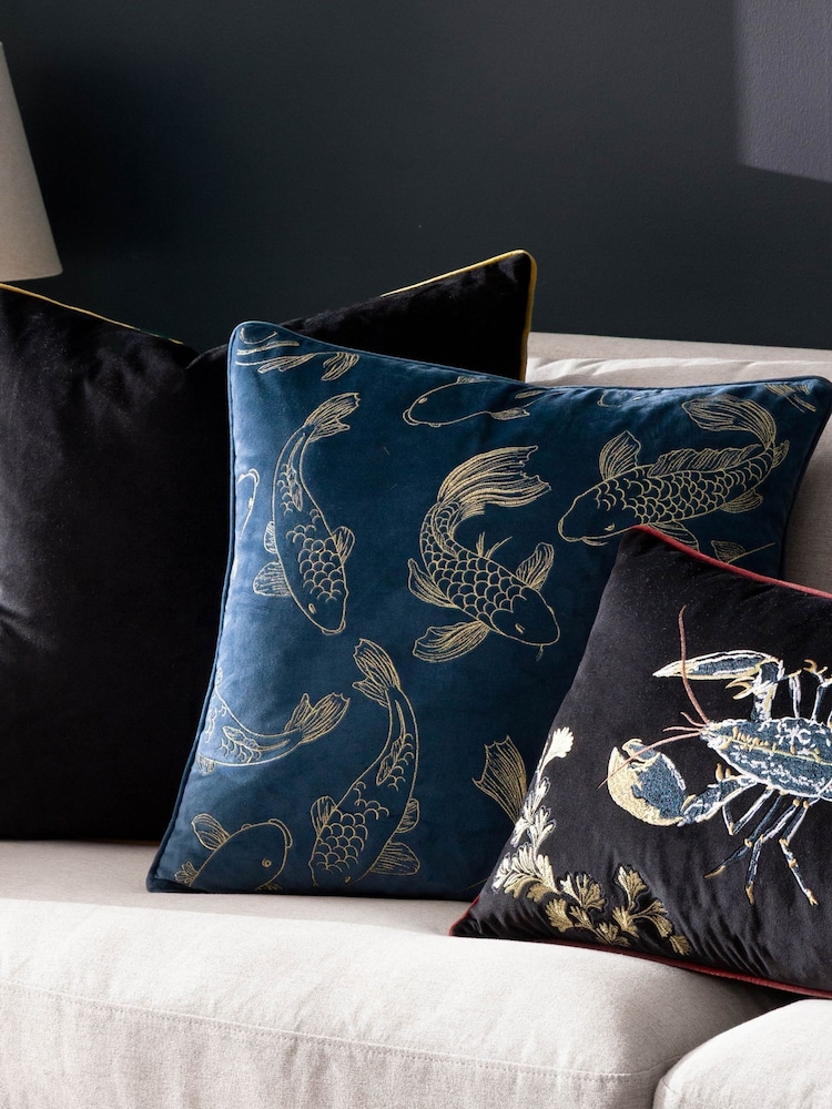Paoletti Navy Koi Pond Velvet Polyester Filled Cushion - Image 6 of 6