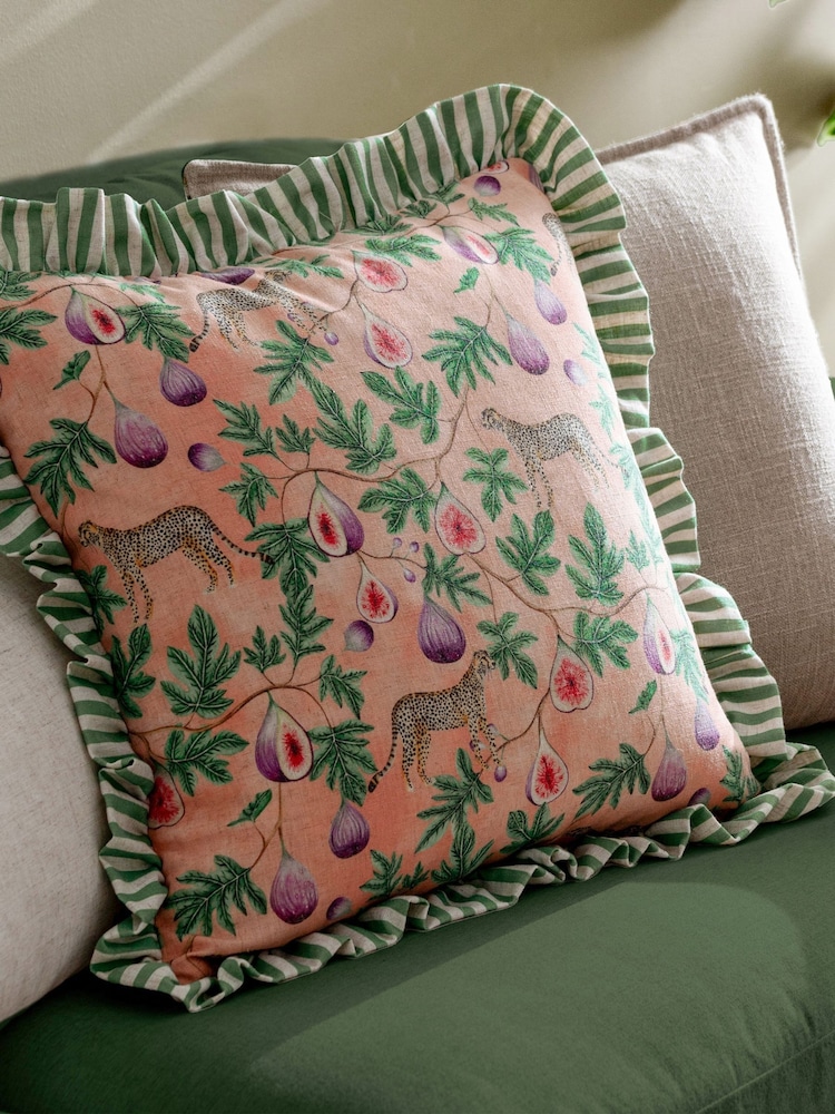 Wylder Tropics Peach Okara Leopard And Fig Printed Ruffle Cushion - Image 1 of 6