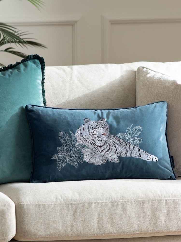 Paoletti Blue Odisha White Tiger Print Cushion - Image 1 of 5