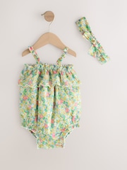 Gap Green Floral Cotton Sleeveless Bodysuit and Head Bow Set (Newborn-24mths) - Image 1 of 4