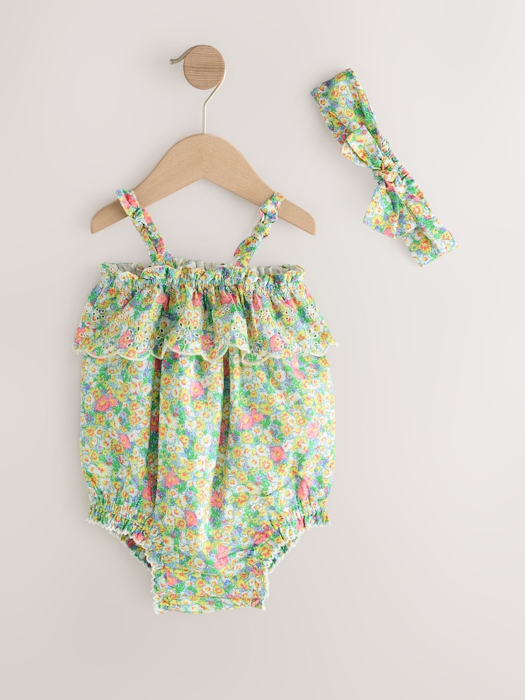 Gap Green Floral Cotton Sleeveless Bodysuit and Head Bow Set (Newborn-24mths) - Image 1 of 4