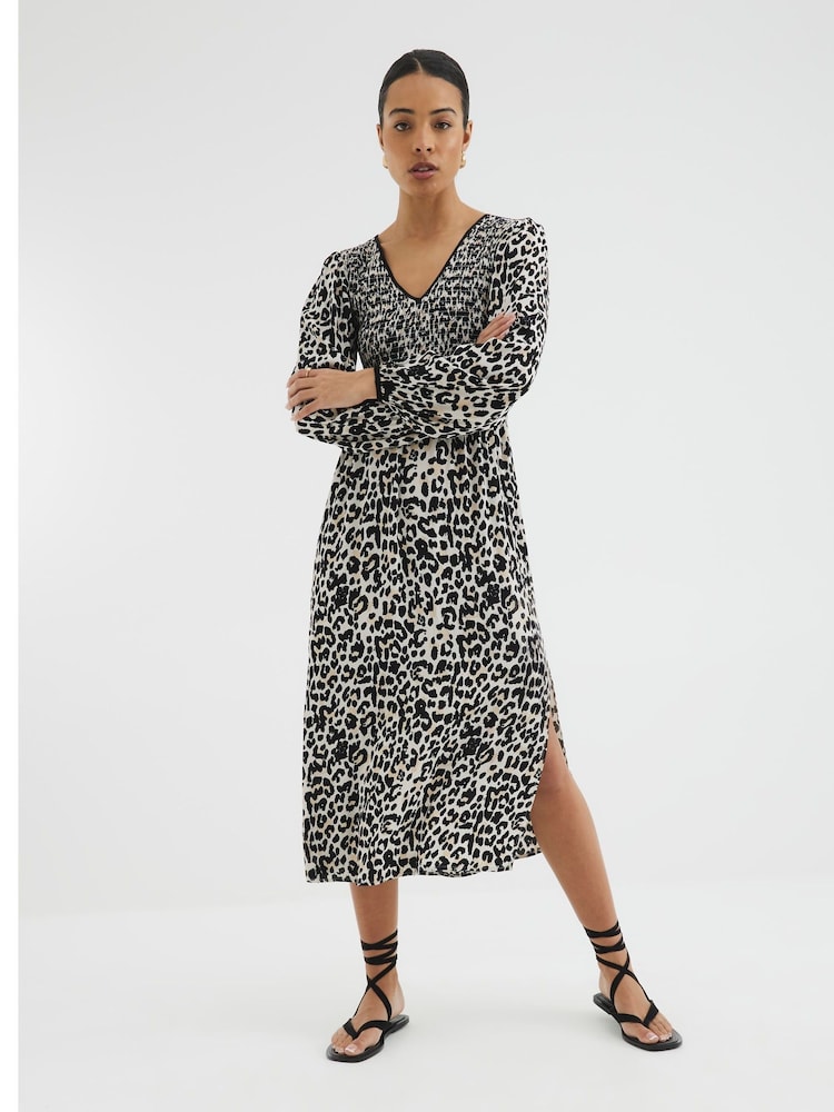 River Island Cream Shirred Bodice Leopard Print Midi Dress - Image 1 of 4