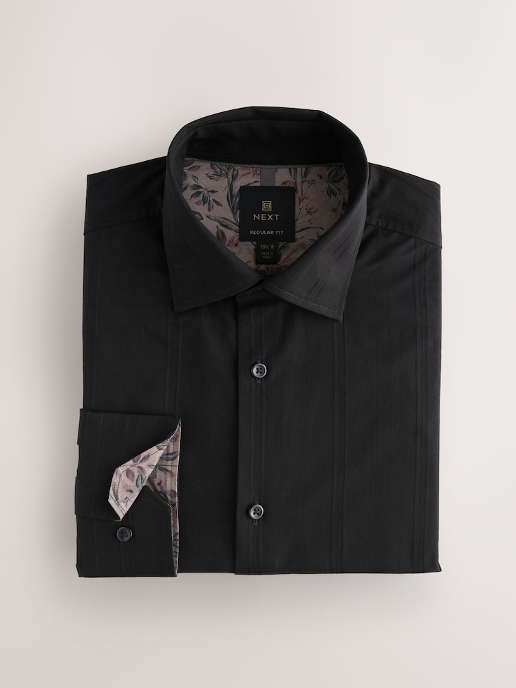 Black Self Stripe Regular Fit Premium 100% Cotton Textured Shirt - Image 1 of 3