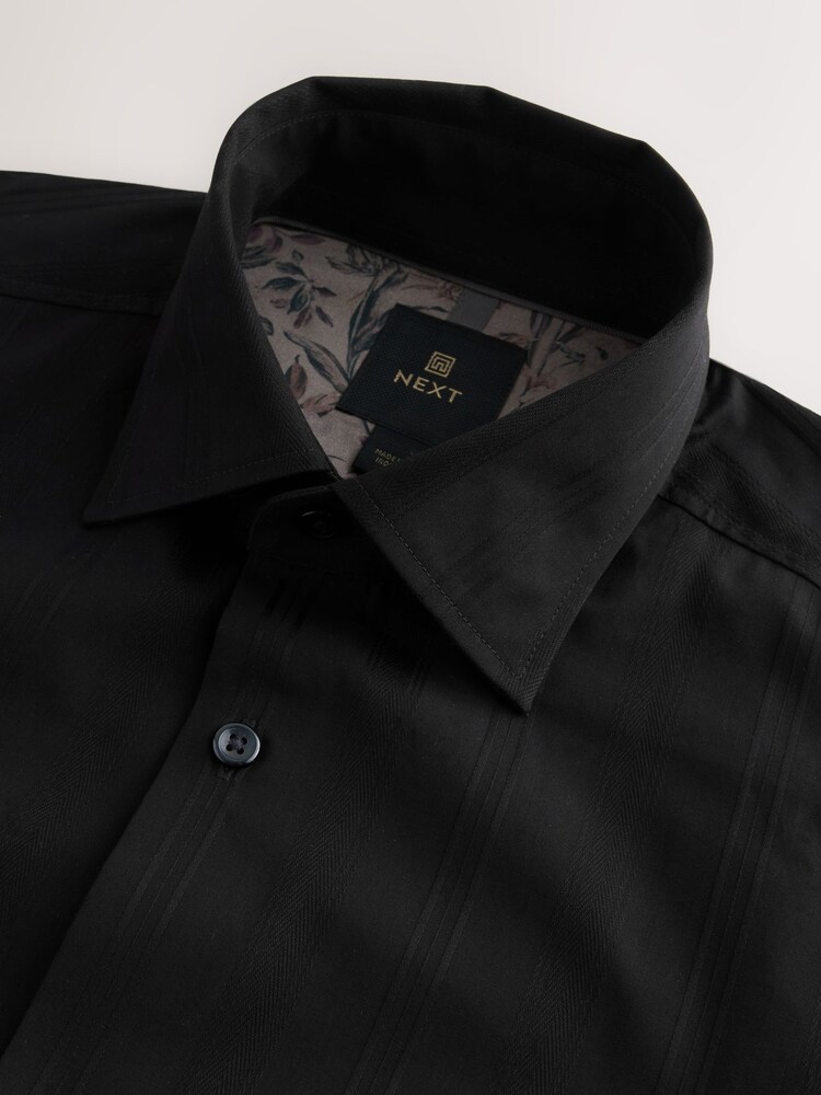 Black Self Stripe Regular Fit Premium 100% Cotton Textured Shirt - Image 3 of 3