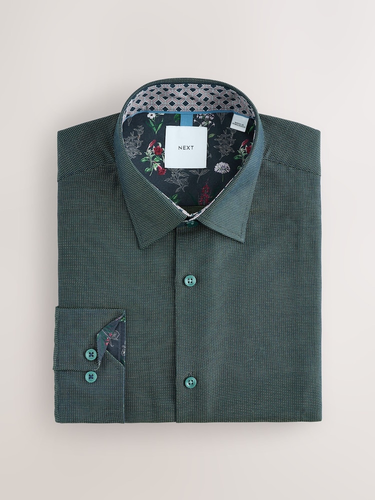Mens Next Forest Green Slim Fit Easy Care Textured Trimmed Shirt US 16 R Mens Next Forest Green Slim Fit Easy Care Textured Trimmed Shirt US 16 R