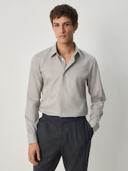 Neutral Brown Slim Fit Easy Care Textured Single Cuff Smart Shirt - Image 1 of 8