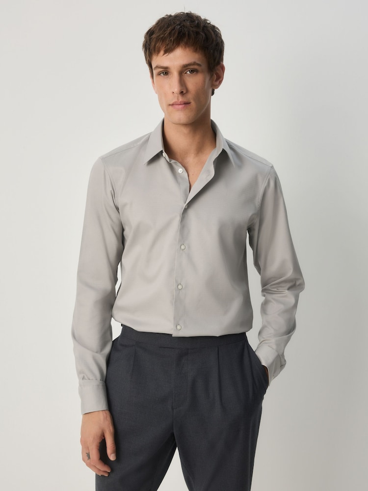 Neutral Brown Slim Fit Easy Care Textured Single Cuff Smart Shirt - Image 1 of 8