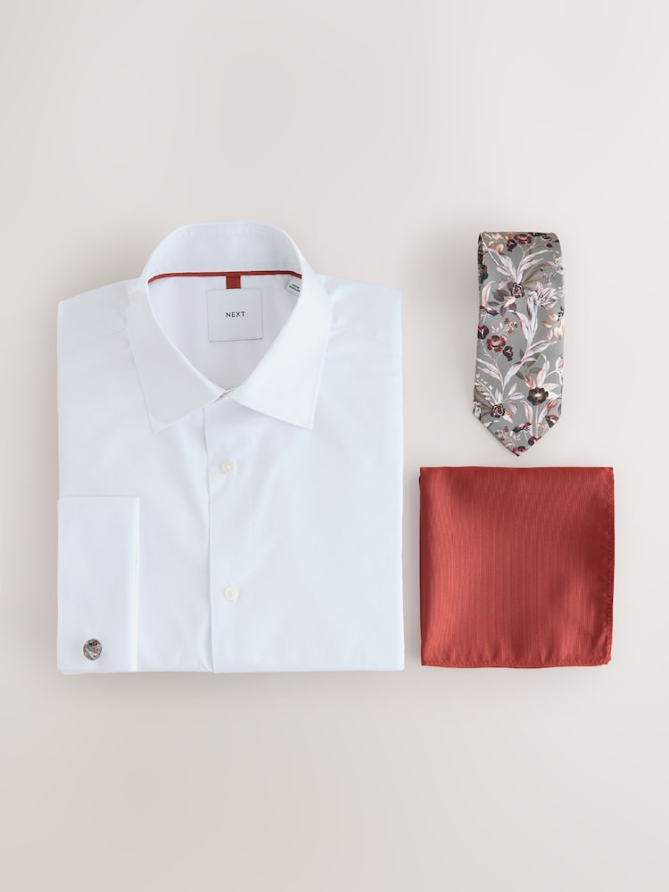 White/Rust Orange Floral - طقم قميص وربطة عنق للمناسبات - صورة 1 من 3