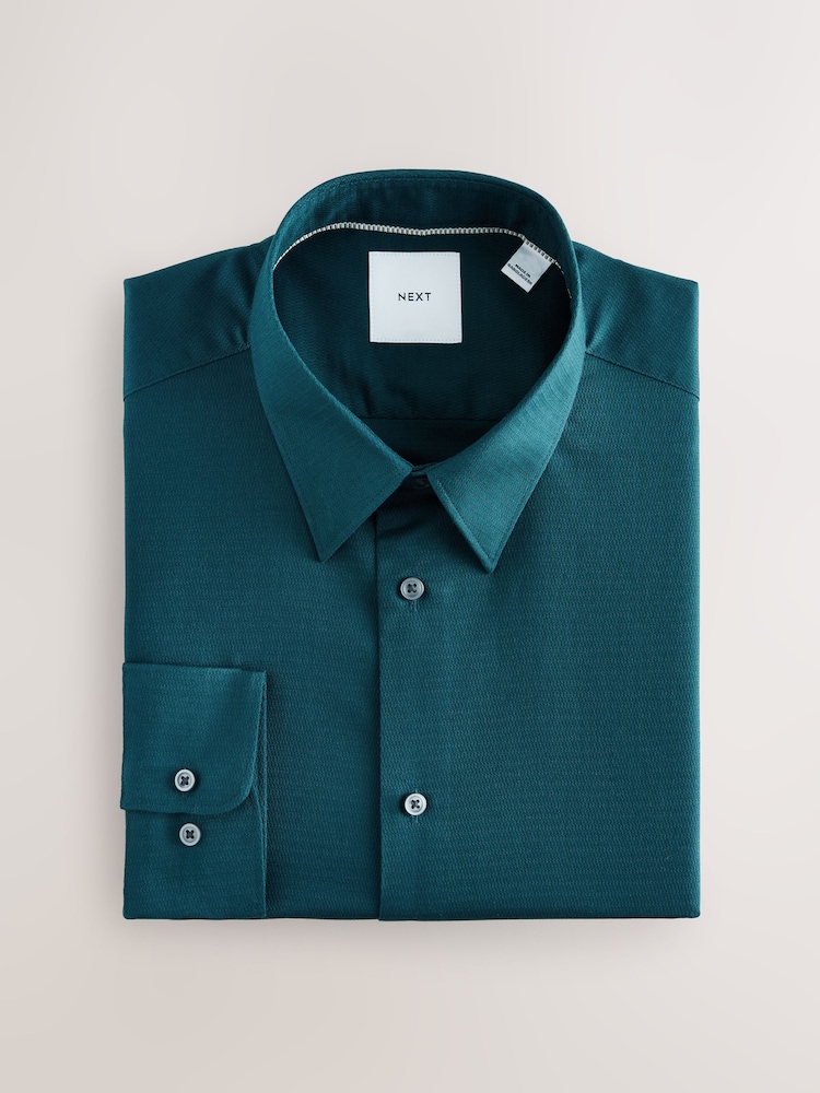 Teal Blue Slim Fit Easy Care Textured Single Cuff Smart Shirt - Image 2 of 4 Teal Blue Slim Fit Easy Care Textured Single Cuff Smart Shirt - Image 2 of 4