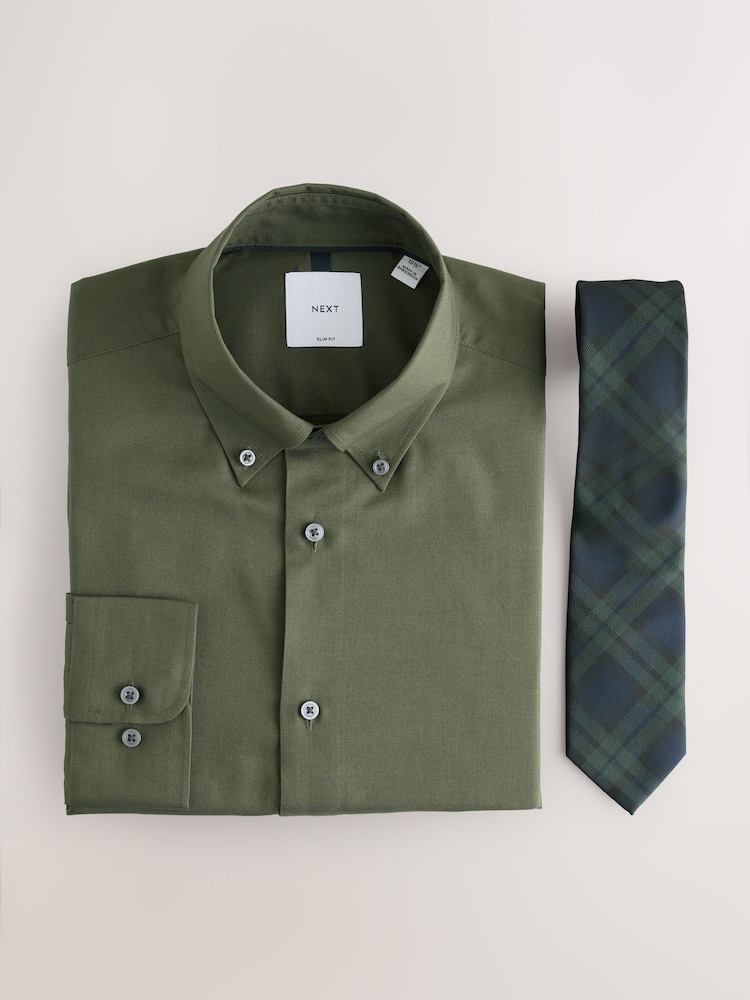 Green/Blackwatch Check Slim Fit Occasion Shirt And Tie Set - Image 1 of 3 Green/Blackwatch Check Slim Fit Occasion Shirt And Tie Set - Image 1 of 3