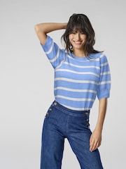 ONLY Blue Short Sleeved Stripe Puff Knitted Jumper - Image 1 of 3