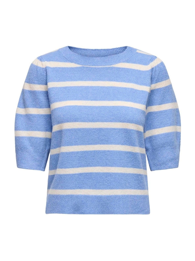 ONLY Blue Short Sleeved Stripe Puff Knitted Jumper - Image 2 of 3 ONLY Blue Short Sleeved Stripe Puff Knitted Jumper - Image 2 of 3