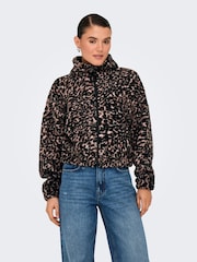 ONLY Black Leopard Print Zip Up Teddy Fleece - Image 1 of 5
