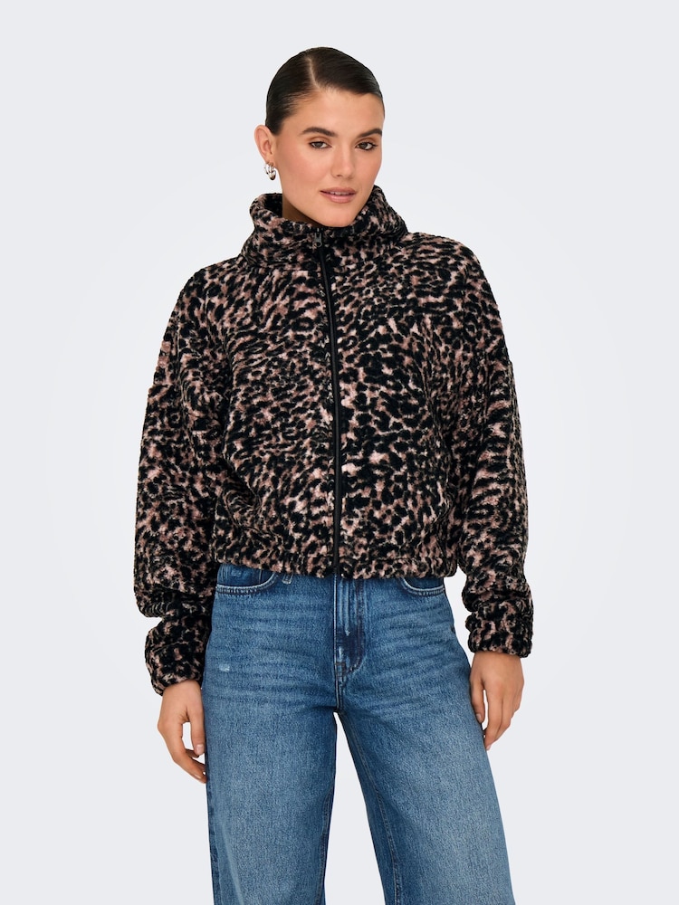 ONLY Black Leopard Print Zip Up Teddy Fleece - Image 1 of 5
