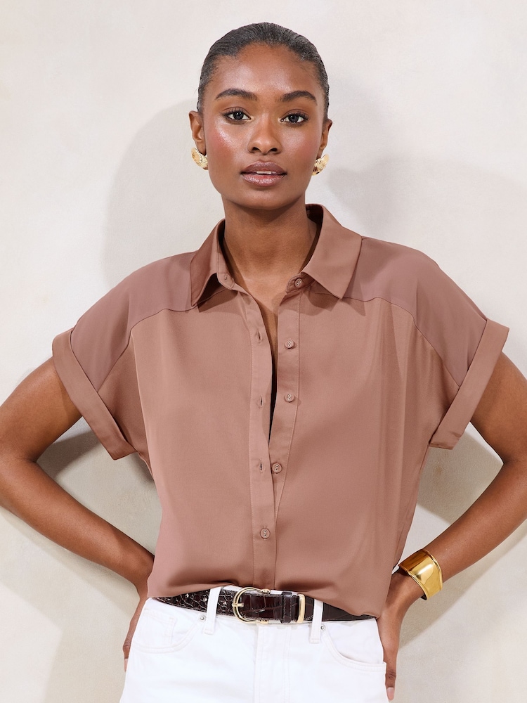 Lipsy Pink Short Sleeve Satin Chiffon Mix Shirt - Image 1 of 4 Lipsy Pink Short Sleeve Satin Chiffon Mix Shirt - Image 1 of 4