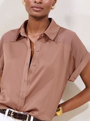 Lipsy Pink Short Sleeve Satin Chiffon Mix Shirt - Image 2 of 4