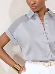 Lipsy Grey Short Sleeve Satin Chiffon Mix Shirt - Image 3 of 4