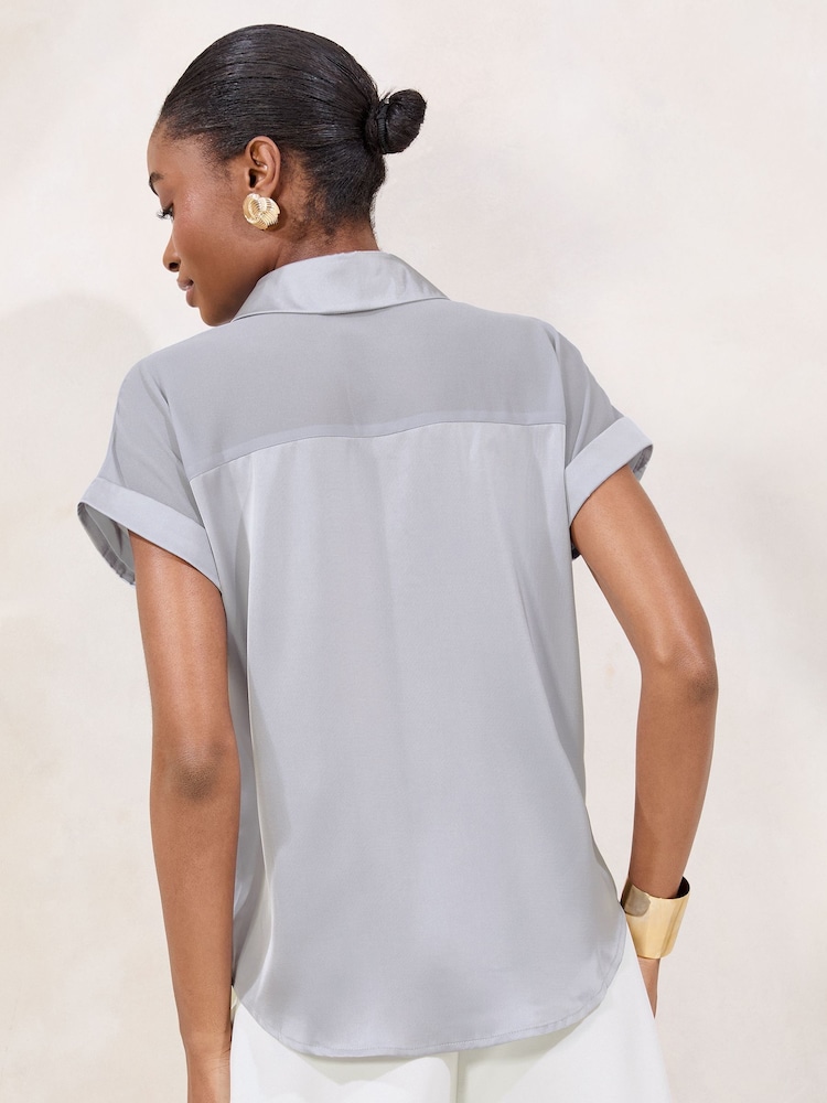 Lipsy Grey Short Sleeve Satin Chiffon Mix Shirt - Image 4 of 4