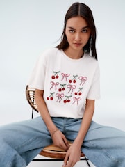 White Cherries and Bows Short Sleeve Embellished 100% Cotton T-Shirt - Image 1 of 5