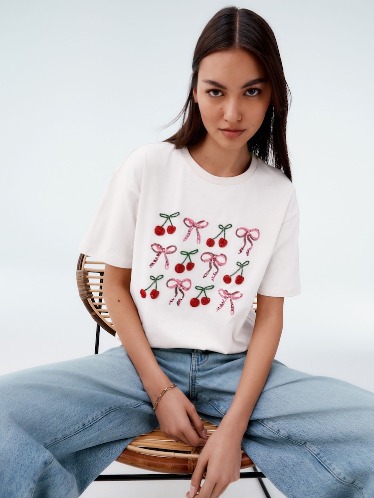 White Cherries and Bows Short Sleeve Embellished 100% Cotton T-Shirt - Image 1 of 5