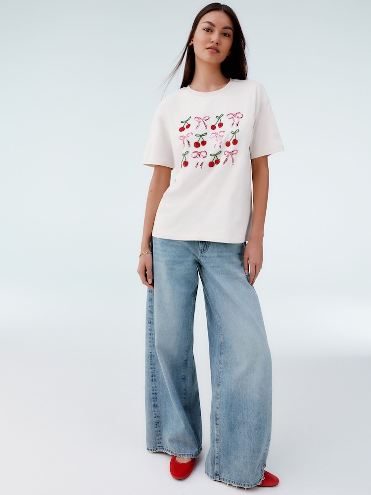 White Cherries and Bows Short Sleeve Embellished 100% Cotton T-Shirt - Image 2 of 5