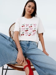 White Cherries and Bows Short Sleeve Embellished 100% Cotton T-Shirt - Image 3 of 5
