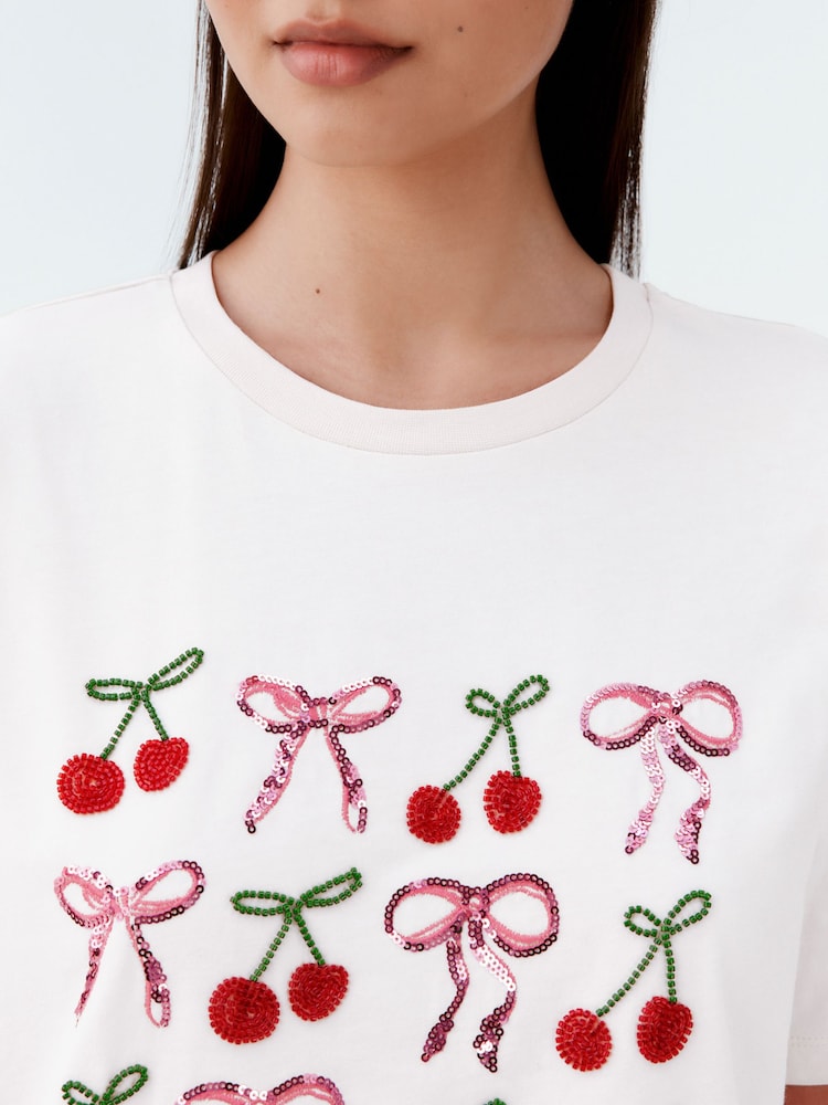 White Cherries and Bows Short Sleeve Embellished 100% Cotton T-Shirt - Image 5 of 5